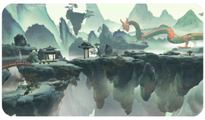 A long, green dragon flies over floating stone islands featuring traditional East Asian architecture and bridges.