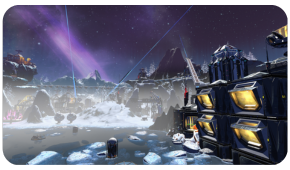 A futuristic, snow-covered landscape under a purple sky with neon lights on a modular structure in the foreground.