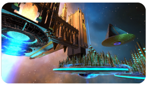 A futuristic sci-fi scene features a floating city and large, glowing structures in deep space against a nebula backdrop.