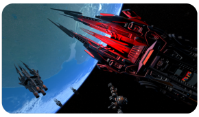 Large red and black sci-fi spaceship looming in orbit above a blue planet, accompanied by several smaller spacecraft.