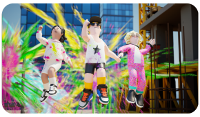 Three figures jump in front of a colorful, abstract paint explosion in a modern city setting.