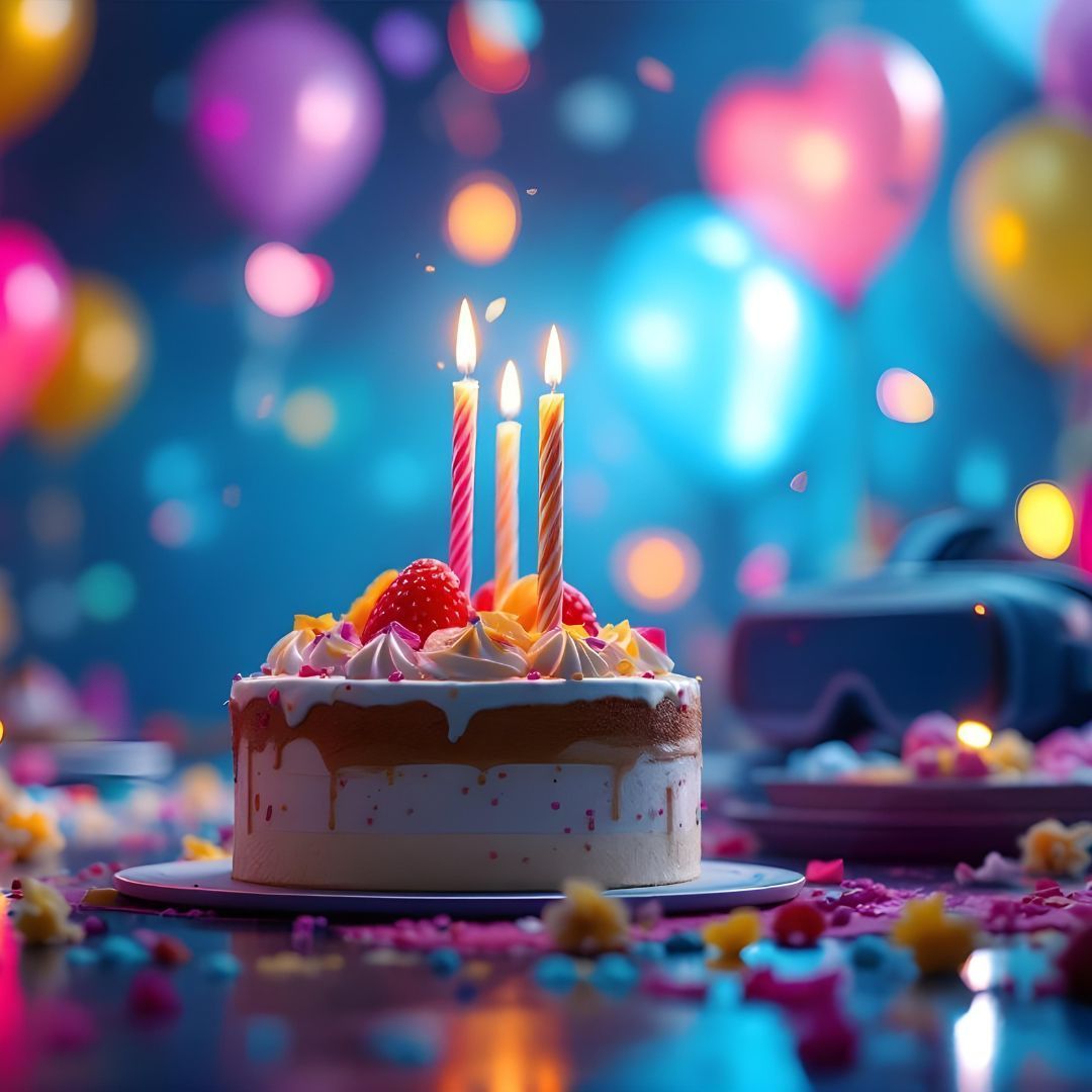 A birthday cake with three lit candles sits on a table surrounded by colorful blurred balloons and confetti.