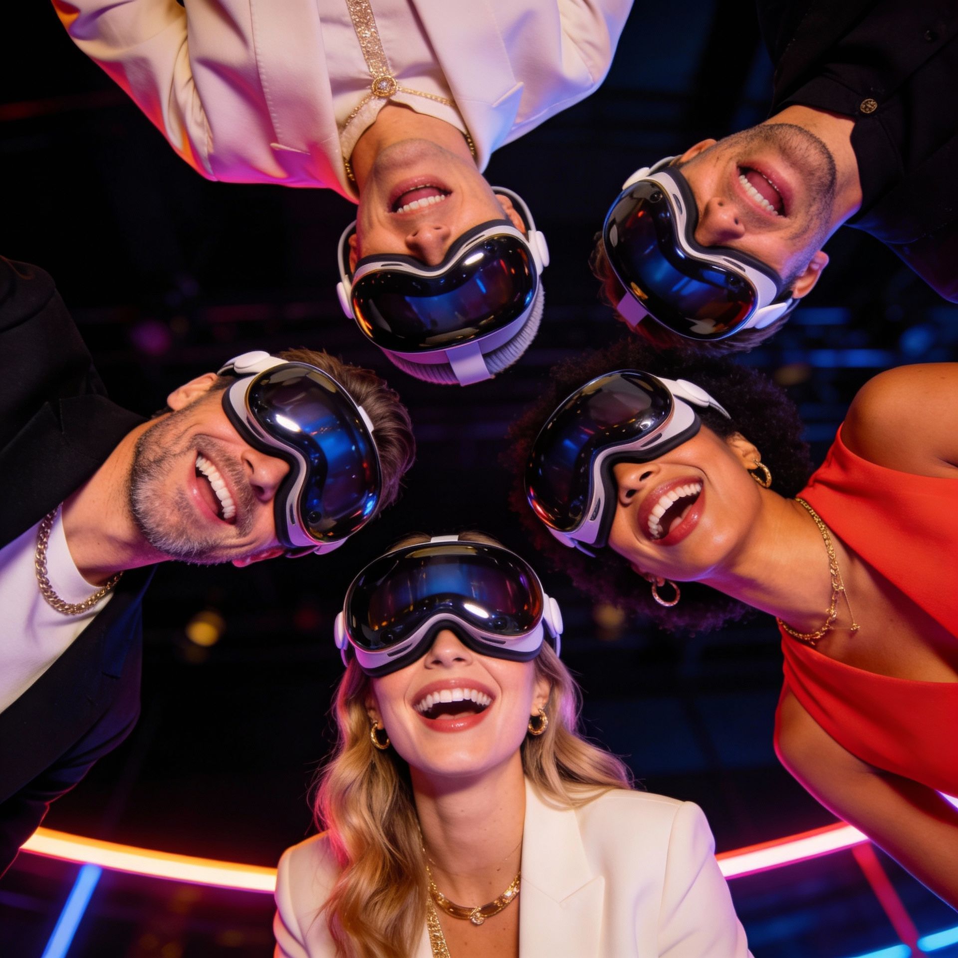 Five people in a circle look down at the camera, all wearing sleek VR headsets and smiling brightly against neon lighting.
