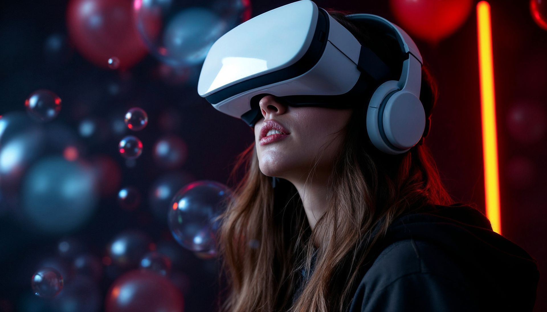 A person wearing a white virtual reality headset and headphones against a dark background with blurred red and blue spheres.