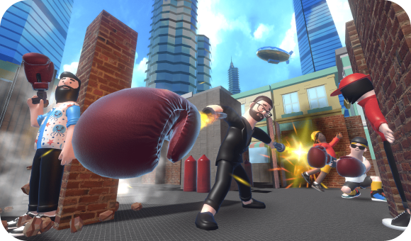 Animated characters box in a city alleyway, with one foreground figure throwing a large, glowing red boxing glove.