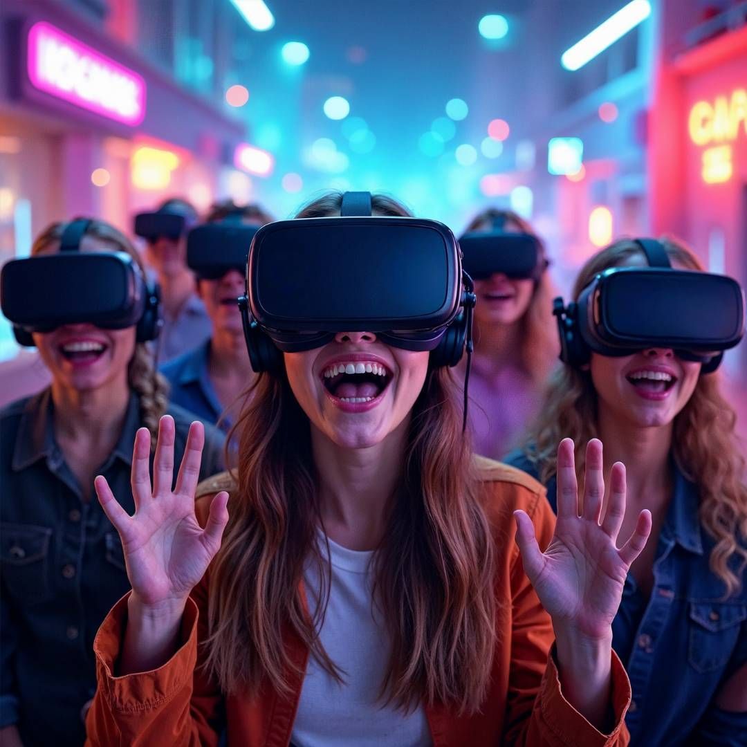 A group of people wearing VR headsets on a brightly lit city street at night, expressing excitement with open mouths.