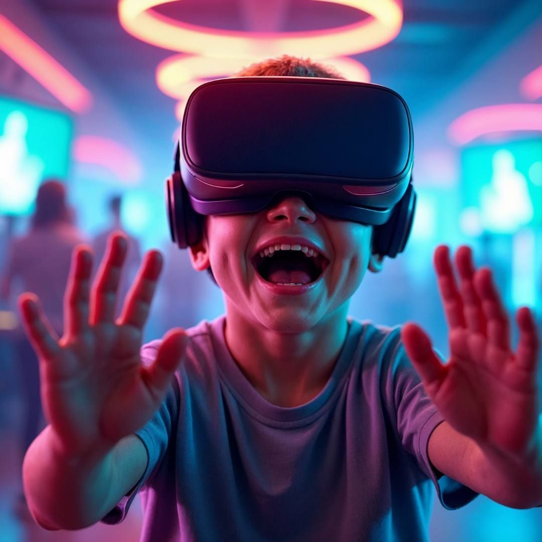 A person wearing a VR headset with an excited expression and hands raised in a vibrant, neon-lit indoor space.