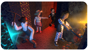 Animated characters in a dark, glowing cave with some mining, walking, and working near a fire.