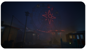 A ferris wheel with a glowing red star design at night, surrounded by mist in a quiet, shadowy fairground.