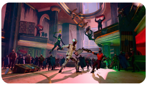 Characters in futuristic attire engage in an action-packed, multi-level combat scene within a grand, dimly lit hall.