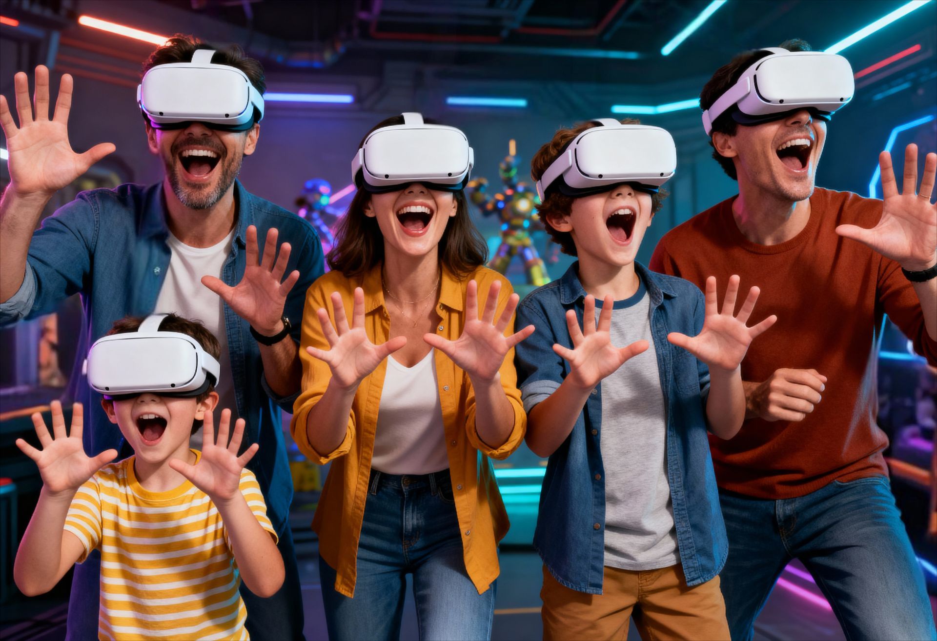 A group of four people wearing VR headsets, mouths open in excitement, with hands raised in a vibrant, neon-lit room.
