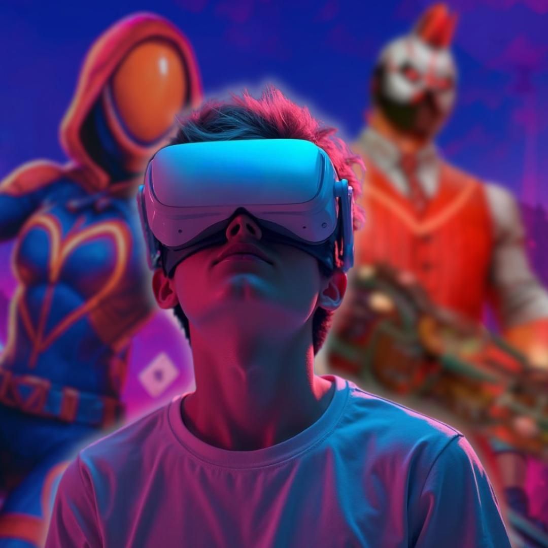 A person wearing a VR headset is centered between two digital game characters against a blue and purple neon background.