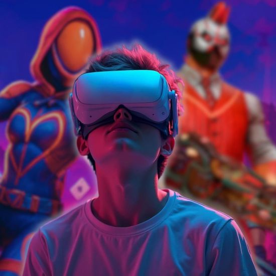 A person wearing a VR headset is centered between two digital game characters against a blue and purple neon background.