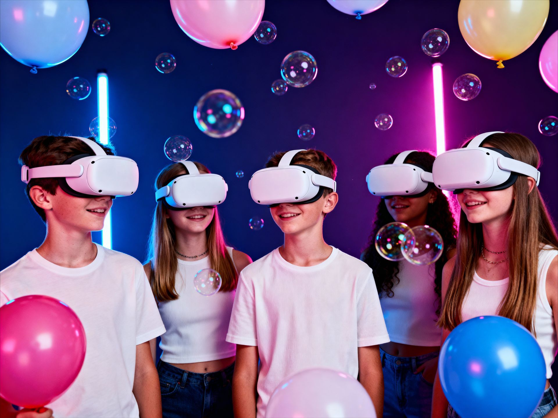 Five people wearing white VR headsets standing among colorful balloons and floating bubbles in a room with neon lights.
