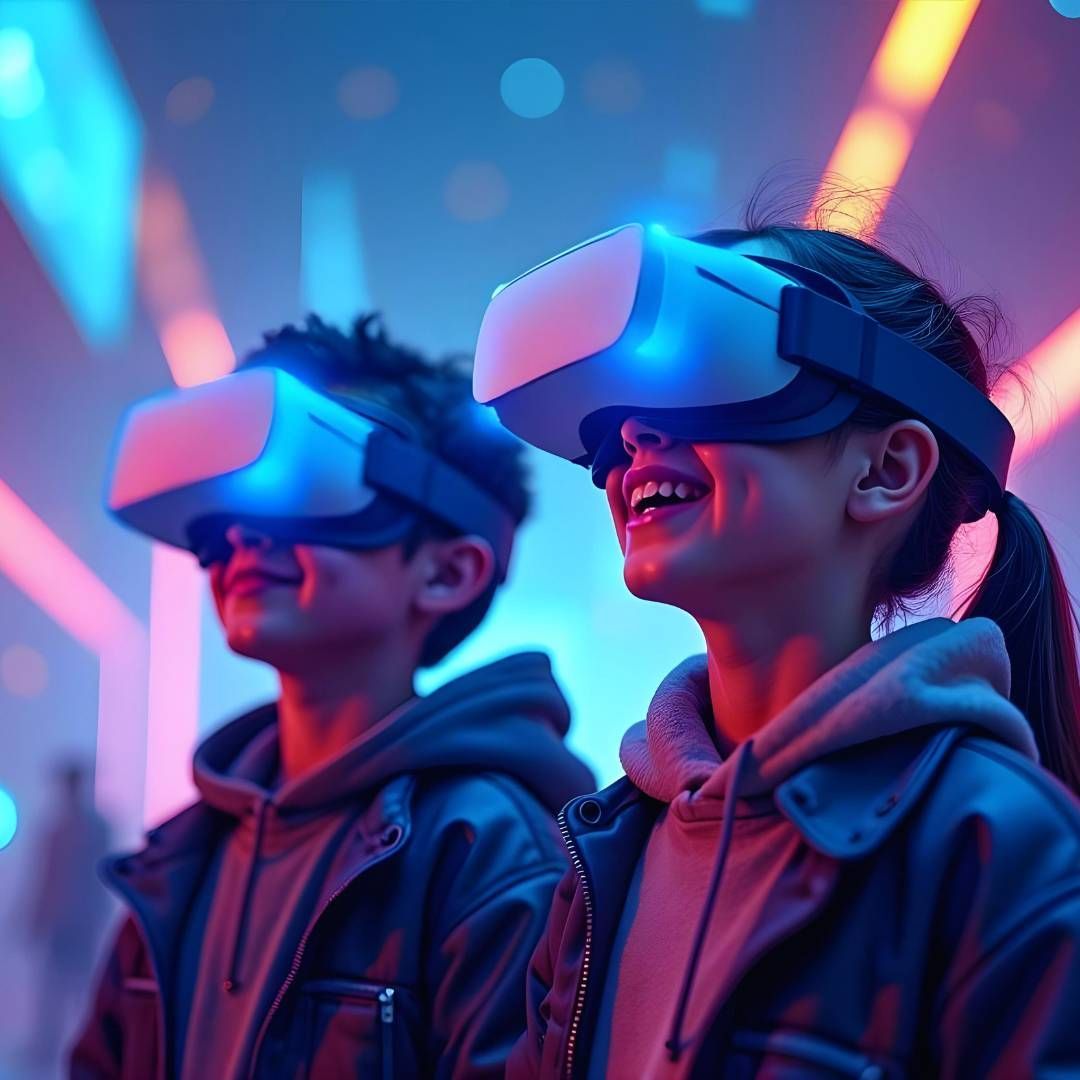 Two people wearing VR headsets in a vibrant, neon-lit digital space, both smiling and looking upwards.