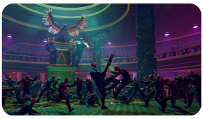 A character in a dark suit fighting off many zombies in a grand, dimly lit hall with a prominent golden eagle statue.