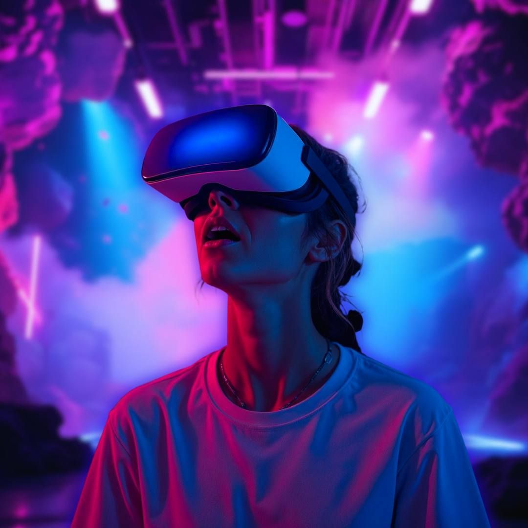 A person wears a VR headset in a dimly lit, neon-blue and purple space with abstract glowing shapes.