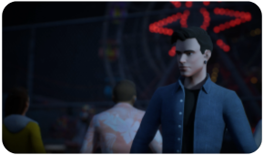 A young person in a blue shirt stands in the foreground, with a glowing red structure and blurry figures in the background.