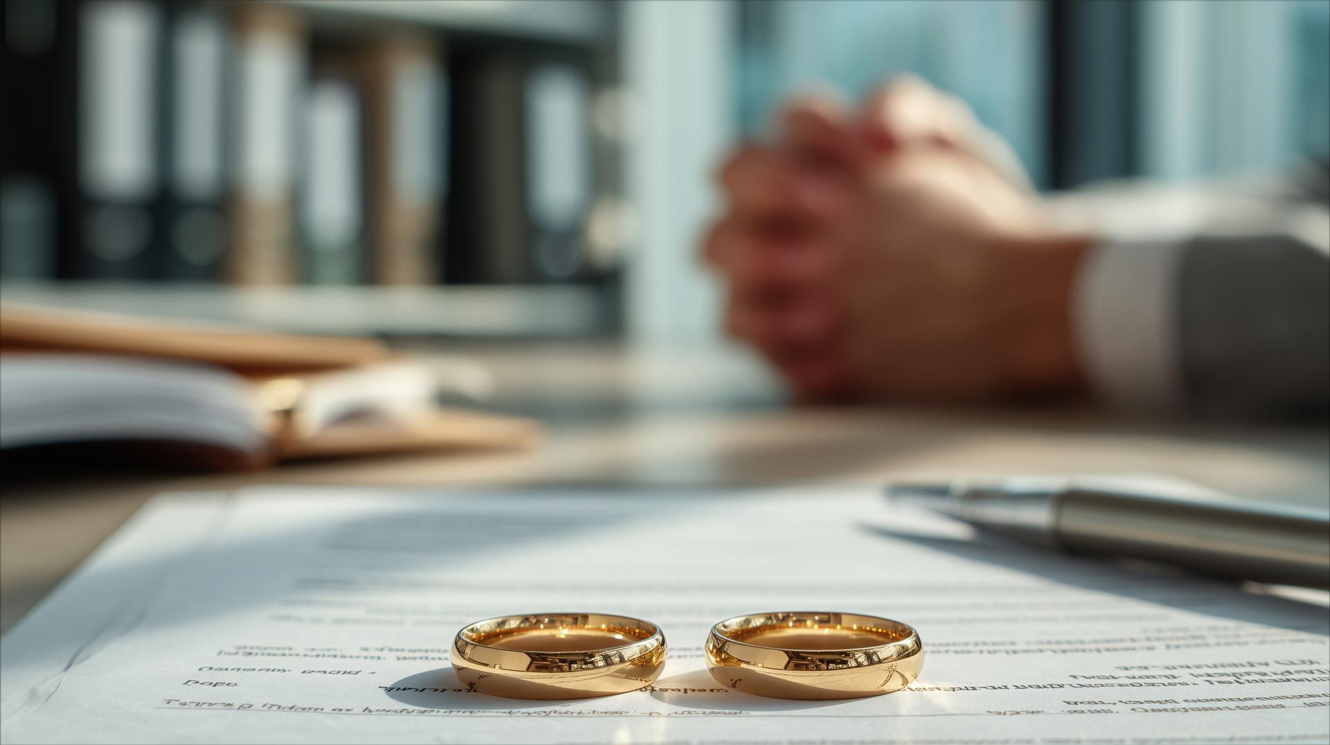 Two gold wedding rings on a document folder as a man signs divorce paperwork Two gold wedding rings on a document folder as a man signs divorce paperwork