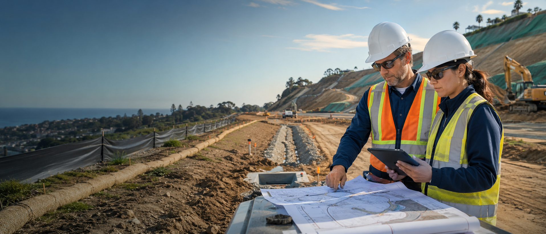 California construction professionals reviewing stormwater plans on an active project site