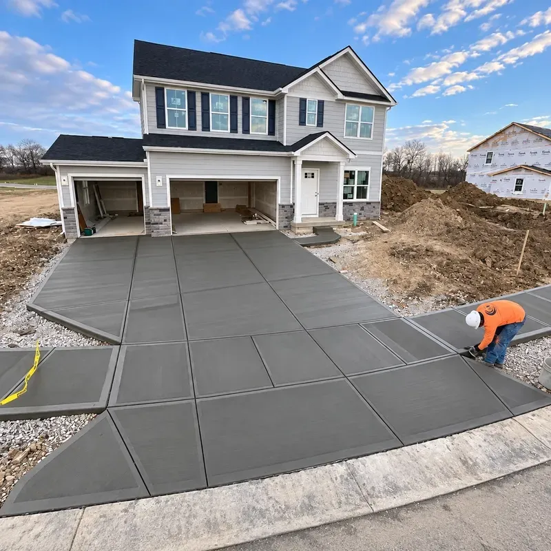 Worker smoothing a large gray concrete driveway in front of a suburban house under construction.