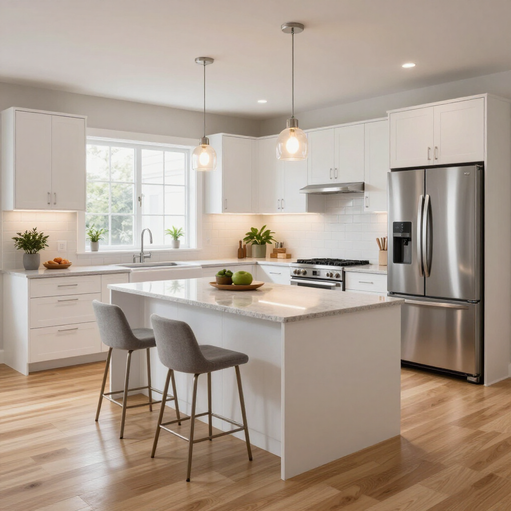 Modern white kitchen with island, stainless steel appliances, and two gray bar stools