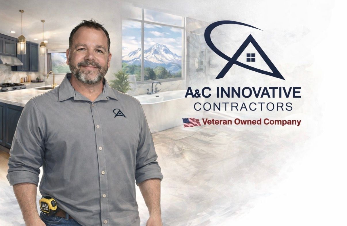 Man in gray shirt stands beside A&C Innovative Contractors logo and “Veteran Owned Company” text.