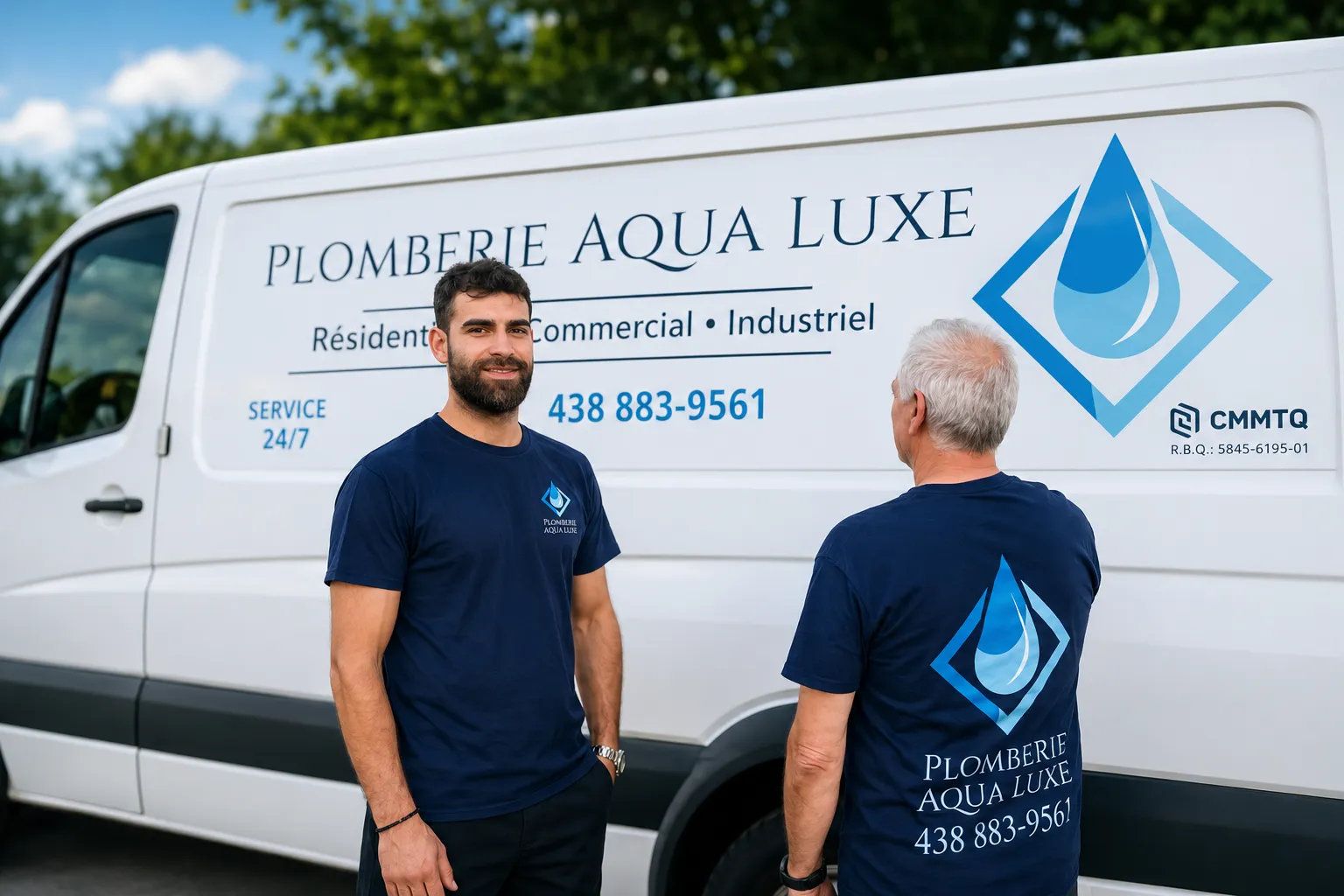 Deux hommes se tiennent près d'une camionnette de plomberie blanche portant l'inscription « Plomberie Aqua Luxe » et un logo en forme de goutte d'eau bleue.