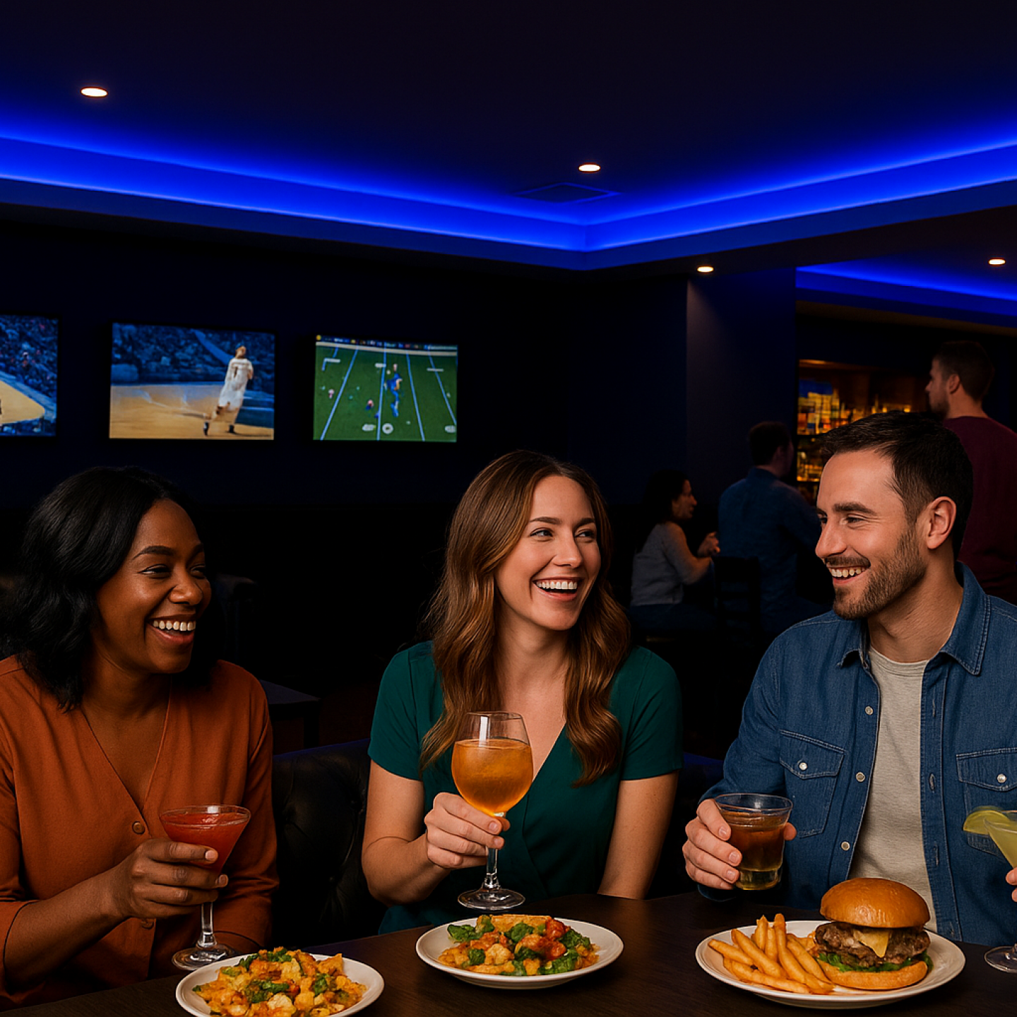 Three friends chatting and eating at a dimly lit sports bar with blue neon lights and TVs above them