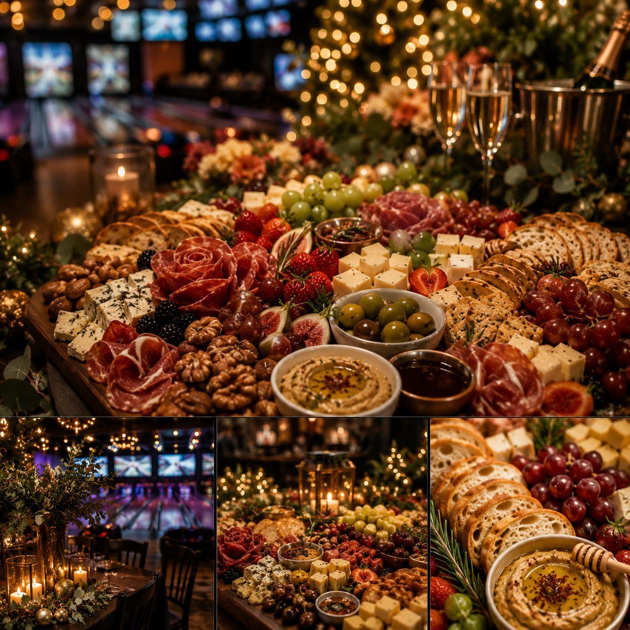 Elegant holiday charcuterie board with grapes, cheeses, crackers, and olives amid warm festive lights