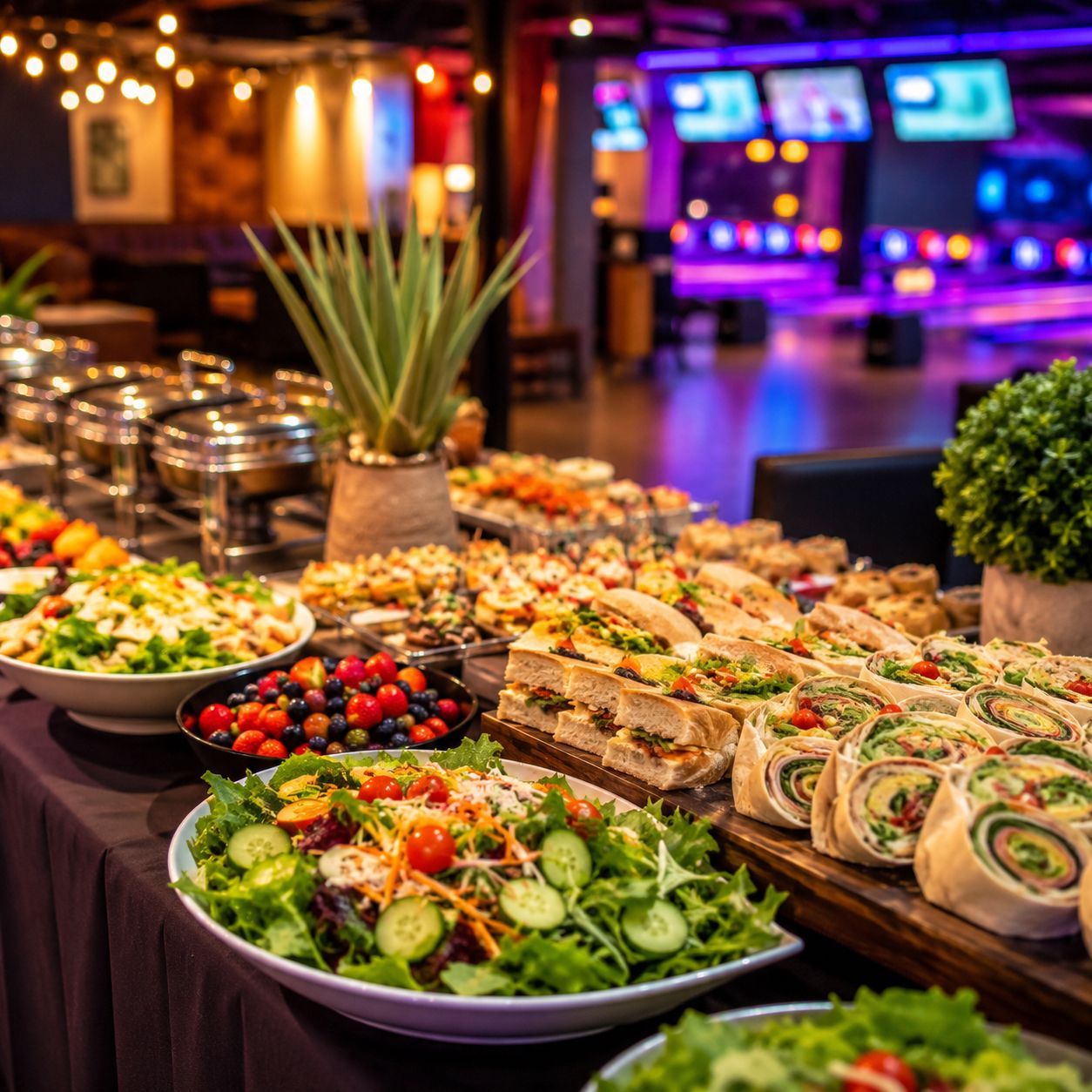 Buffet table with salads, wraps, and appetizers at a warmly lit event venue