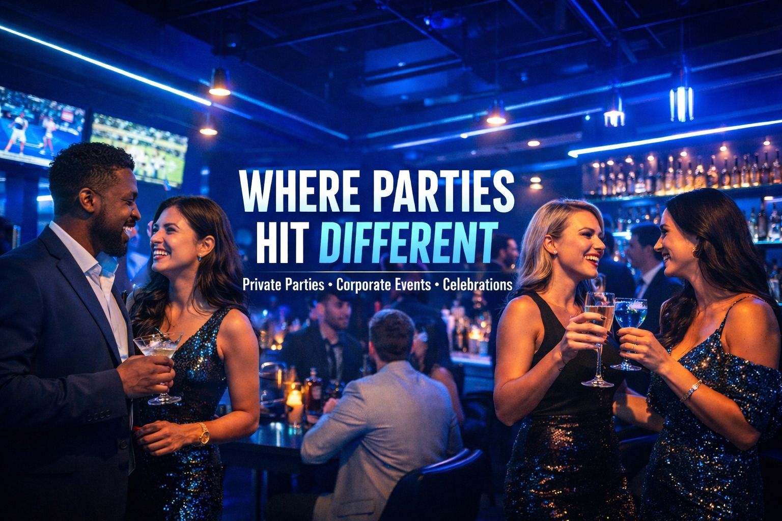 Partygoers in a blue-lit nightclub with the slogan “Where parties hit different” displayed overhead