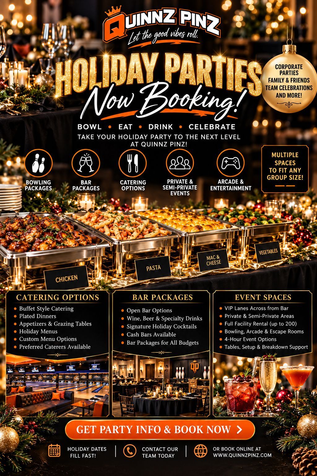 Quinnz Pinz holiday parties flyer: now booking bowling, bar, catering and private event packages in Middletown, NY