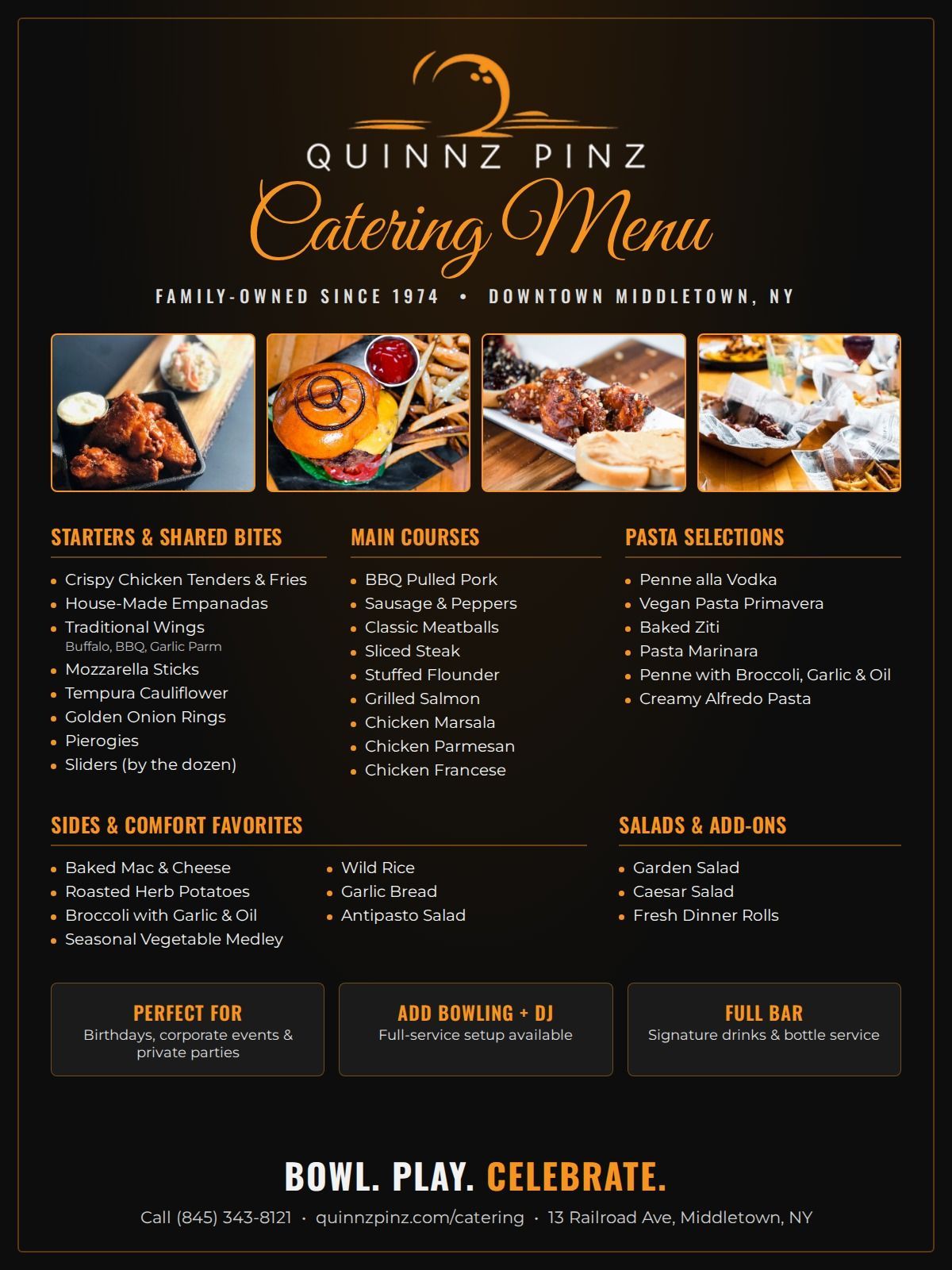 Quinnz Pinz catering menu with starters, main courses, pasta, sides and salads for parties and events in Middletown, NY