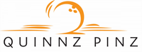 Quinnz Pinz logo with orange pin and lines over black text on a white background