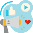 Megaphone with thumbs-up, play button, and heart icons on a blue background