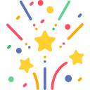 Colorful confetti and stars bursting around a yellow star celebration icon