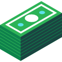 Stack of green banknotes icon with white center circle