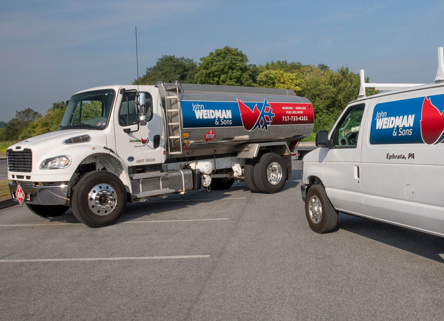 A white tanker truck is parked in a parking lot.