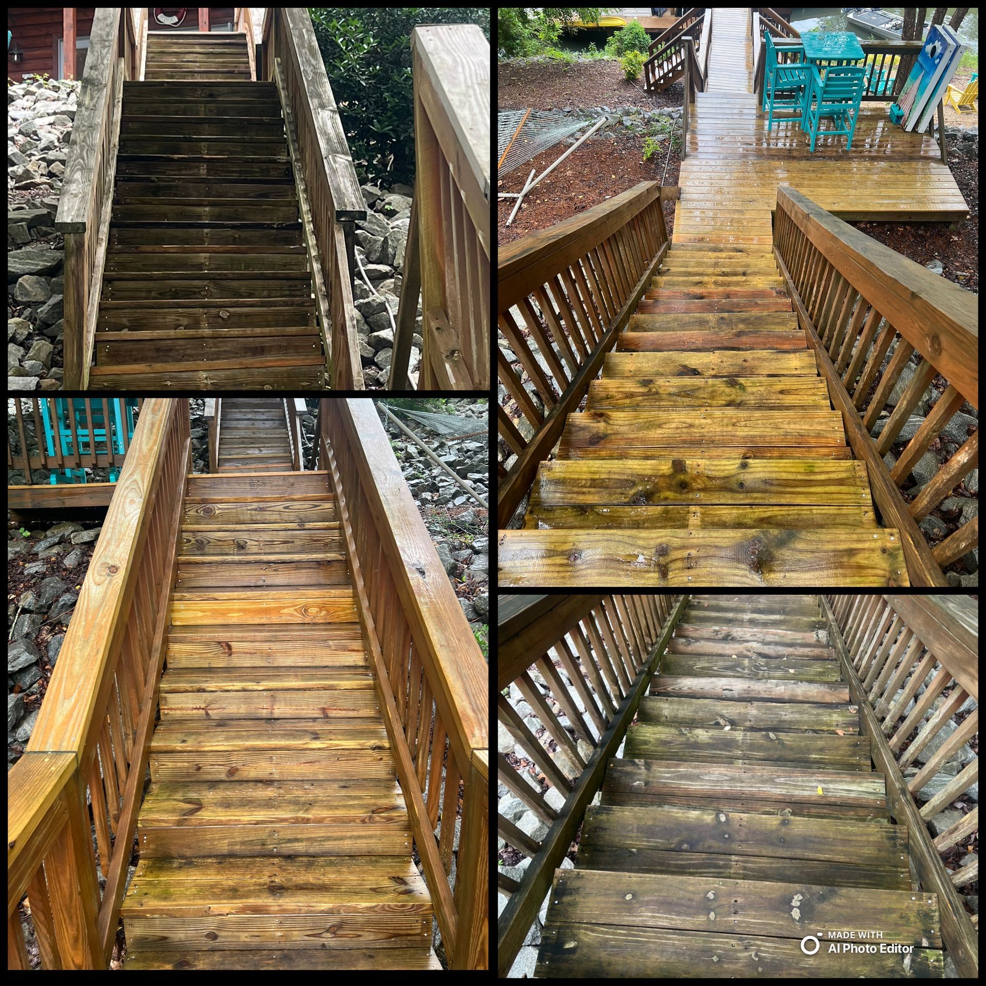 Collage of wet wooden staircases and boardwalks on a steep hillside after rain