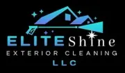 Elite Shine logo with a house and pressure washer, blue and teal on black background.