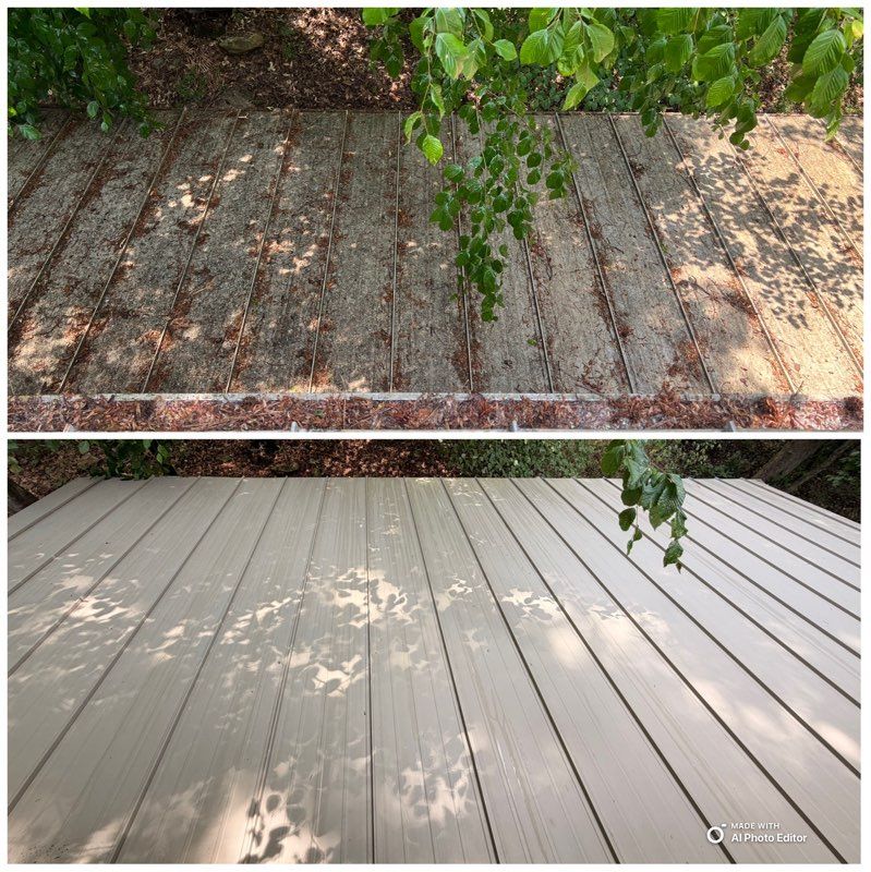 Before-and-after view of a weathered wooden deck restored to a clean light gray finish under tree shade