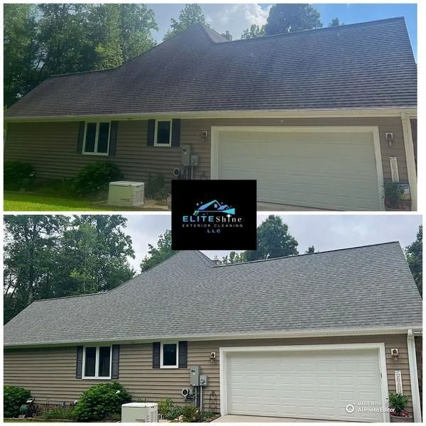 Before and after roof cleaning. Top: dirty roof. Bottom: clean roof. House with a garage and windows.