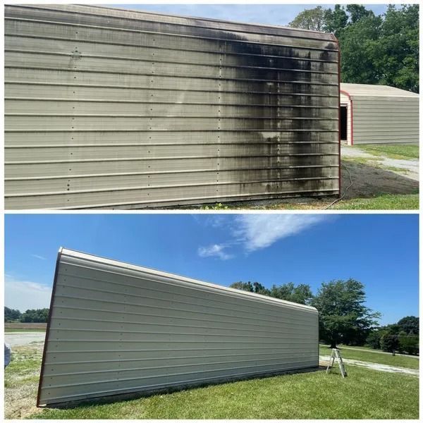 Before and after of a metal building cleaned with pressure washer; dirty vs clean.