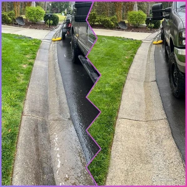 Before and after of a concrete curb. Left side: dirty, wet. Right side: clean, dry. Truck parked nearby.