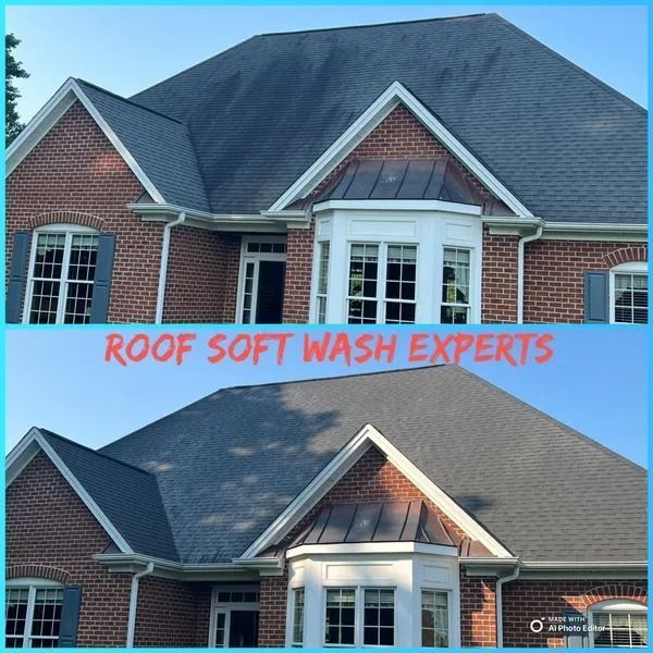 Before and after view of a house roof, cleaned, showing difference in color.