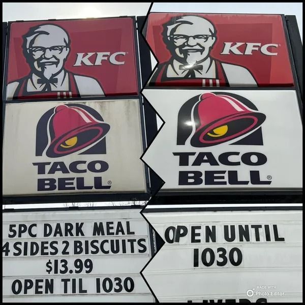 KFC and Taco Bell sign, one with special meal deal, the other with hours 