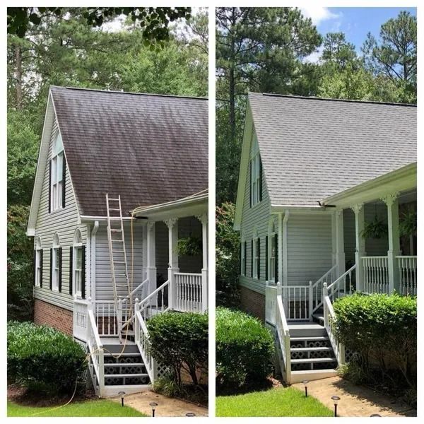 Before-and-after of a house roof cleaning. Gray roof turns light gray; siding and porch brighten as well.
