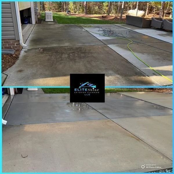 Before and after view of a concrete patio cleaned by a power washing service.
