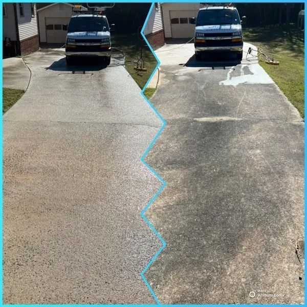 Split view of a driveway: left side cleaned, right side dirty, showing before and after power washing.